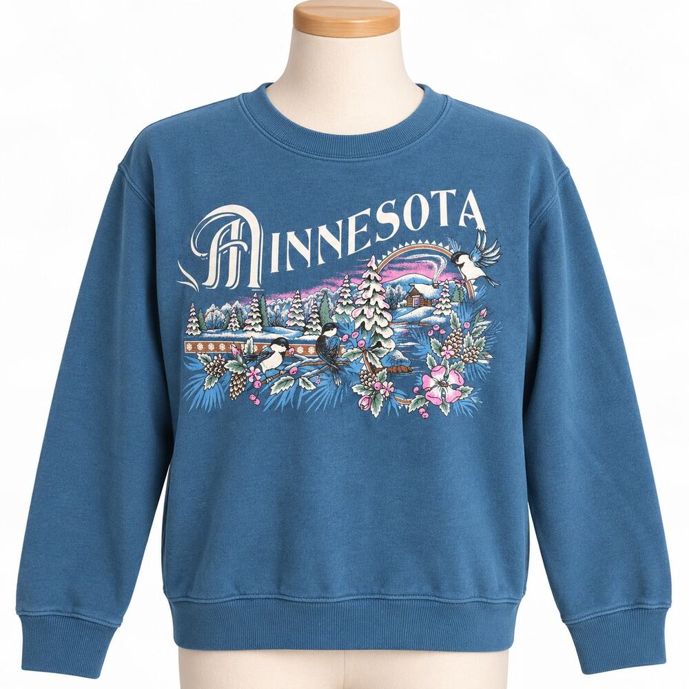 Vintage Minnesota Winter Birds Graphic Sweatshirt Blue Jerzees L